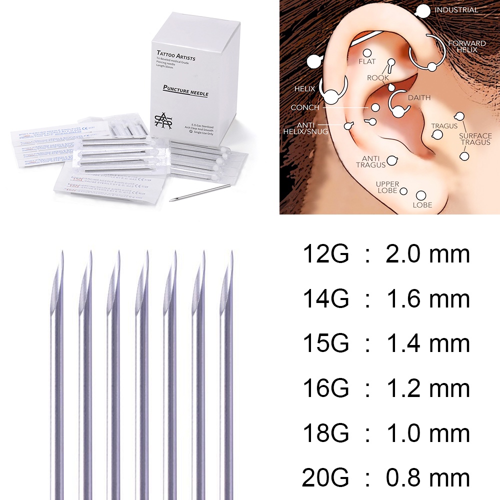 5-100Pc/lot Body Piercing Tool Surgical Steel Disposable Sterilized Body Piercings Tool Tattoo Ear Nose Tongue Pircings