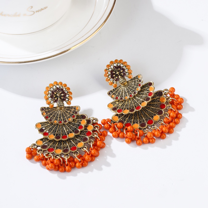 Ethnic Women's Peacock Shaped Indian Earrings Gypsy Vintage Beaded Tassel Jhumka Earrings Fashion Jewelry