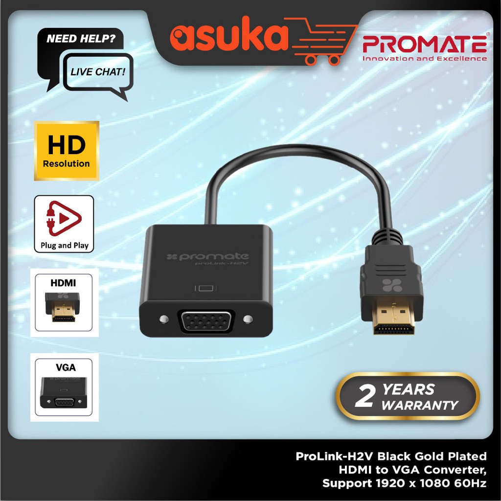 Promate ProLink-H2V Black Gold Plated HDMI to VGA Converter, Support 1920 x 1080 60Hz