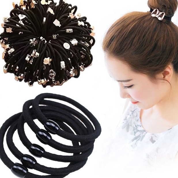 25 Sets Black High Elasticity Korean Version Hair Tie Headband Female Rubber Band Leather Case Thick Accessories