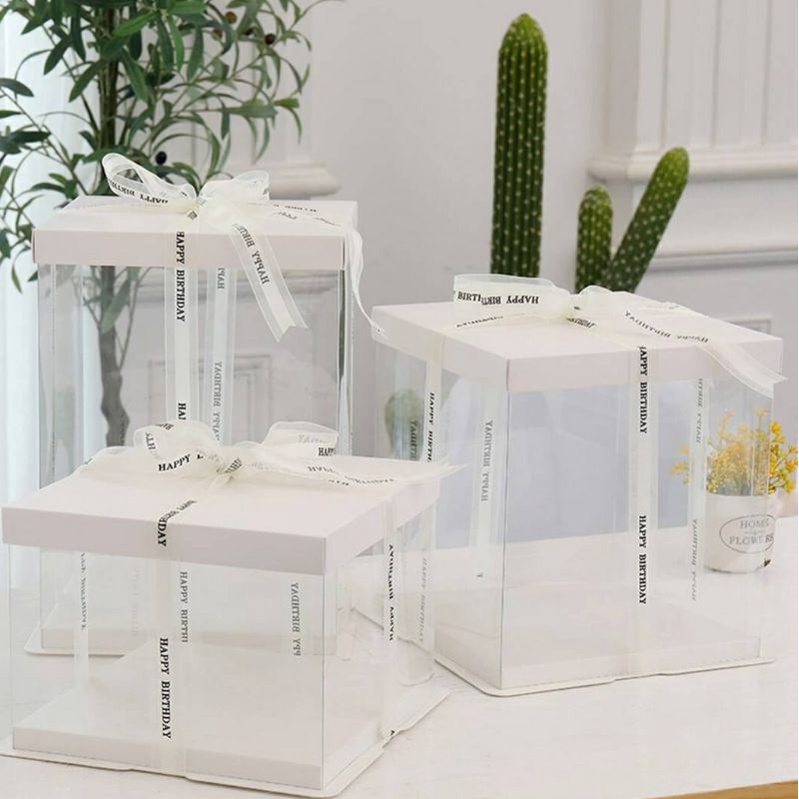 Clear / Transparent Square Cake Box With White Cover And Base For Multi