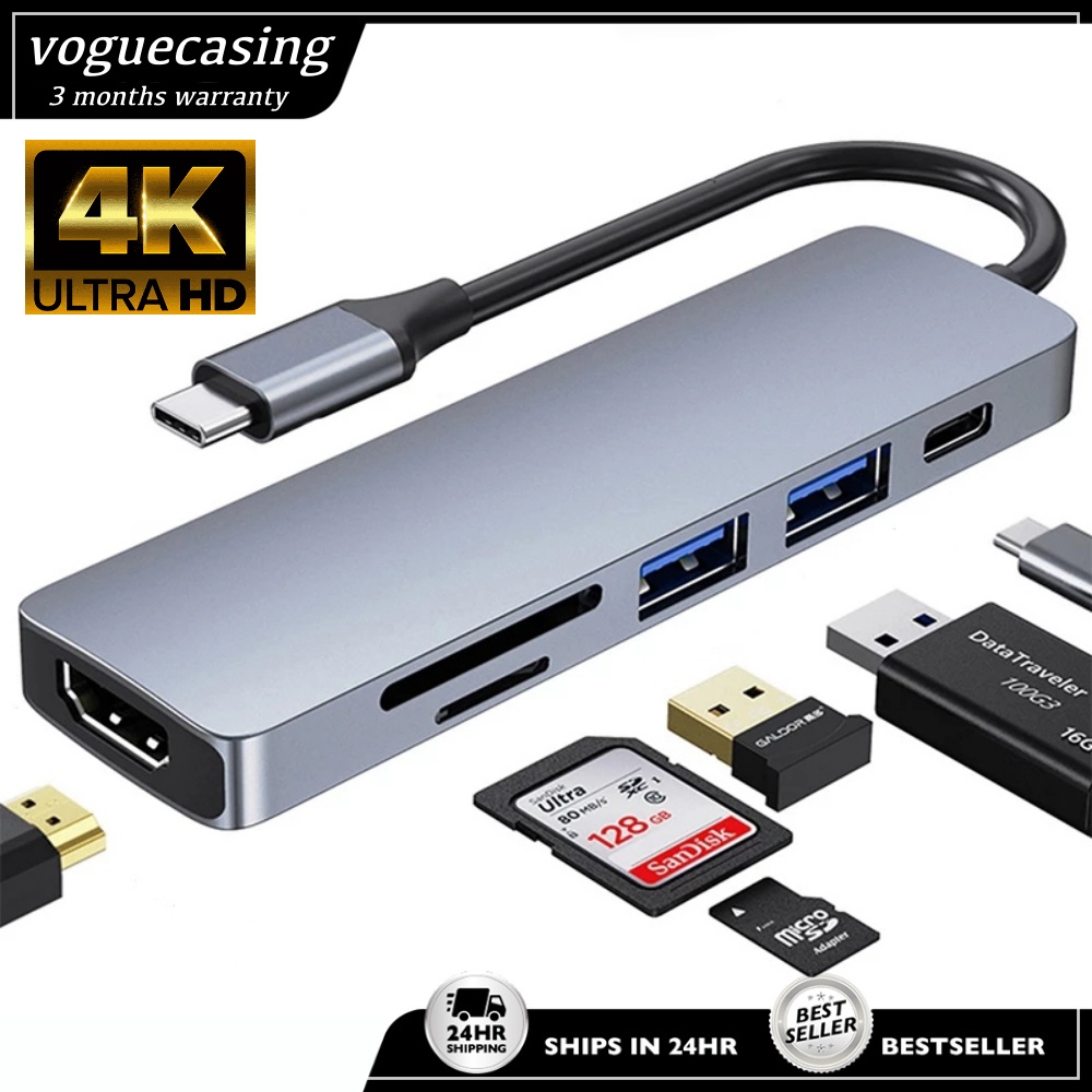 VGC 6 in 1 USB C Adapter Hub Extension to 4K HDMI SD TF USB3.0 87W PD Fast Charging