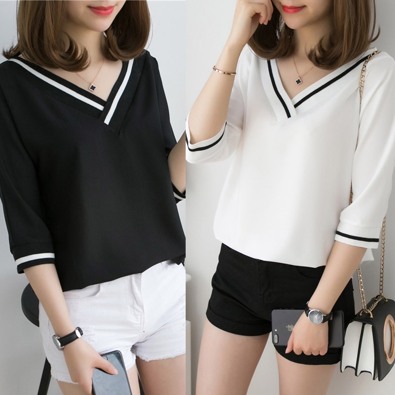  FLSAH SALE  Women V neck Blouse  baju  Half  Sleeve Casual 