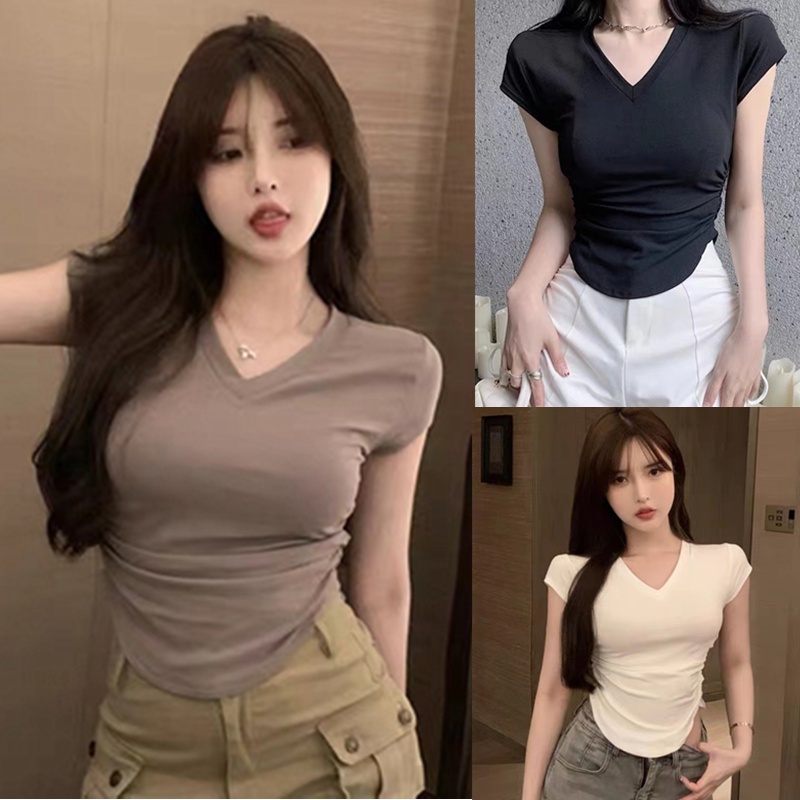 【WJZ】Women's Korean Fashion V-neck Solid Color Cotton Short Sleeve T-shirt【9901】