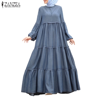 Image of ZANZEA Women Vintage Puff Sleeve Buttons Patchwork Muslim Maxi Dress