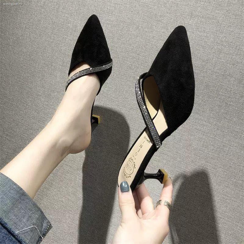 Raya Slippers women s summer wear 2024 new Korean version of Baotou rhinestone sandals and lazy half drag pointed stiletto high heels