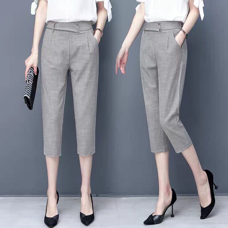 Women Fashion Blazer Pencil Pants Female Elastic Waist Cotton Linen