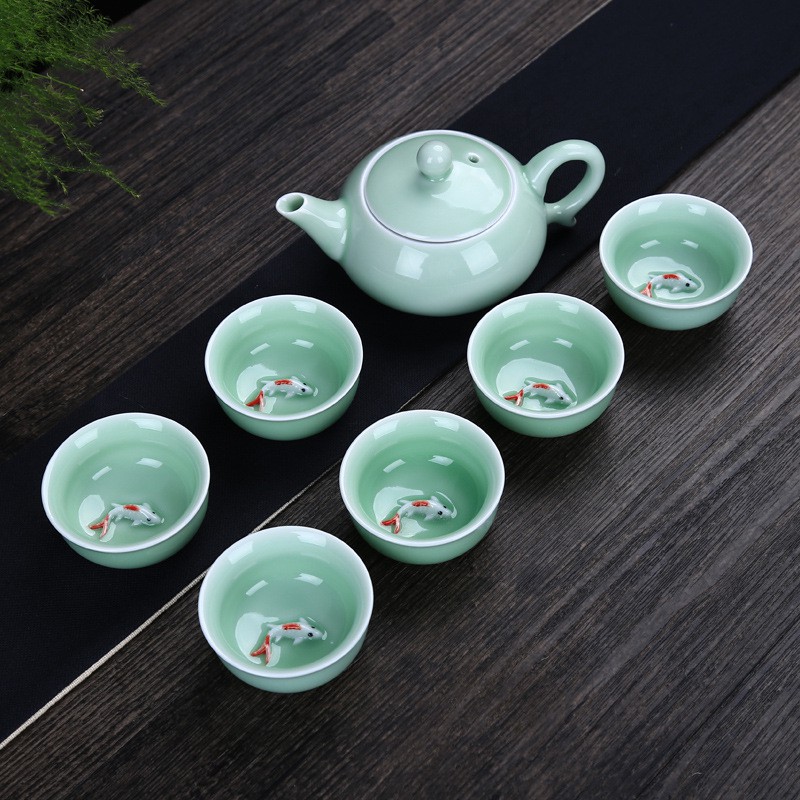 Ceramic 3D Koi Fish Kung Fu Matcha Tea Ceremony Cup Teapot Set 7pcs 