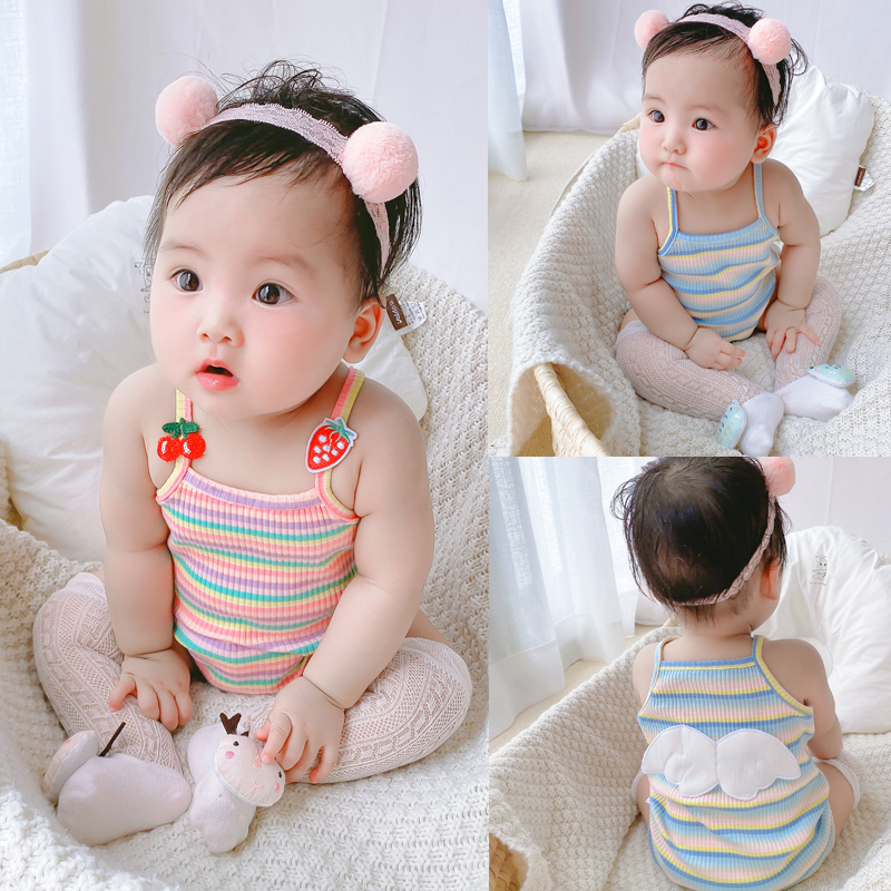 Newborn Baby Girl Cute Rainbow Strip Sling Rompers Singlet Baby Girl Infant Baby Onesie Toddlers Jumpsuit Summer Clothes Outfit