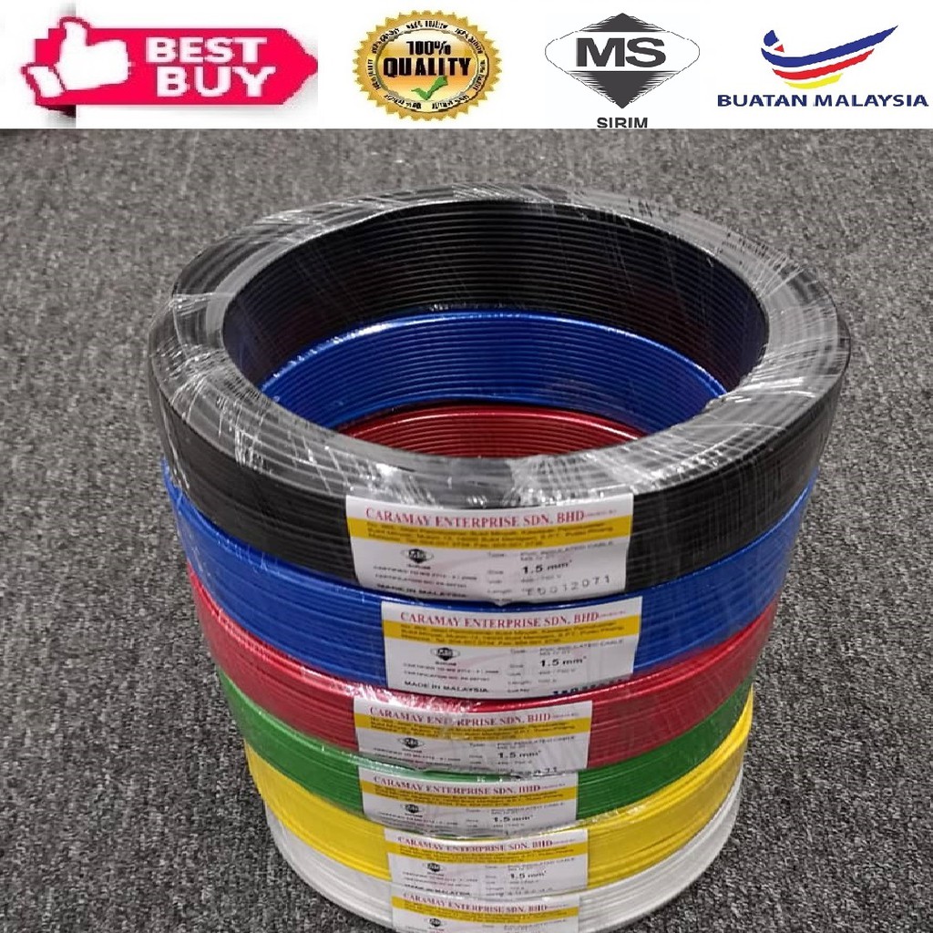 1.5mm Single Core PVC Insulated Cable with Red/Yellow/Blue/Green/Black/White (100Mtr +) (Copper