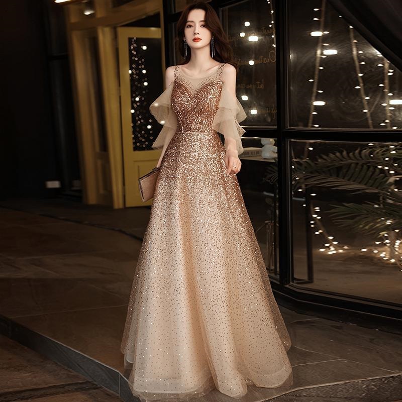 Glamorous Champagne Sequin Sheath 3/4 Sleeve V-Neck High Slit Evening Gown DP7471