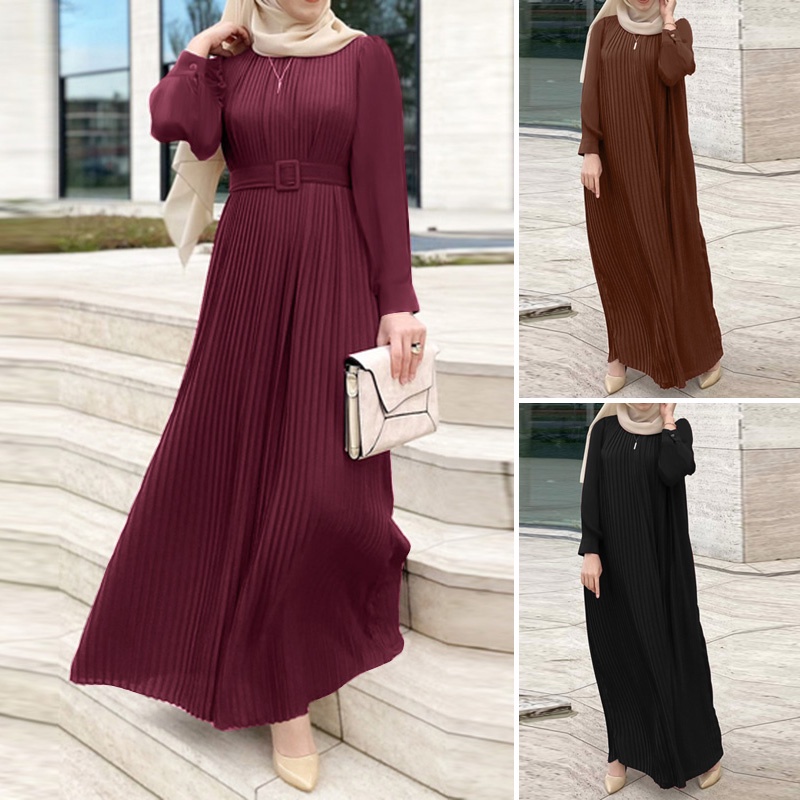 ZANZEA Women Fashion Casual Solid Color Long Sleeve O Neck Retro Muslim Maxi Dress With Belt #3