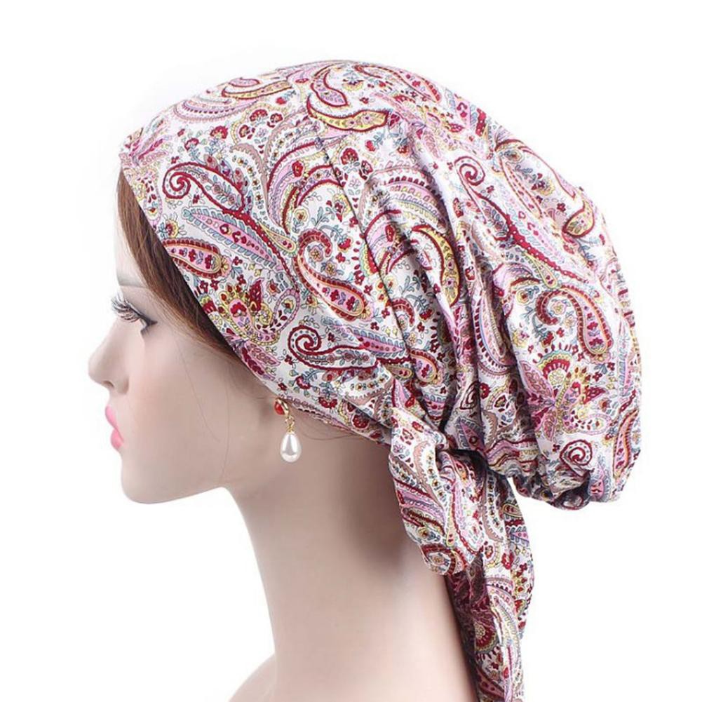 Muslim Hijab Turban Headscarf Hat Cotton Print Long Streamer Hair Tie Chemo Cap
