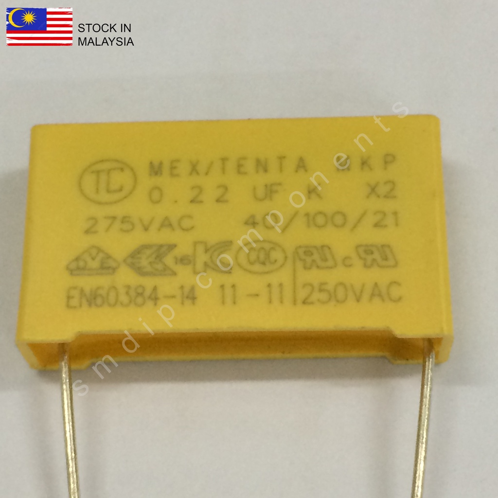 Tenta 0.22uF 275V, X2 AC Film Capacitor, 15 (H) x 6 (D) x 22mm (Lead Spacing) (224K) Shopee