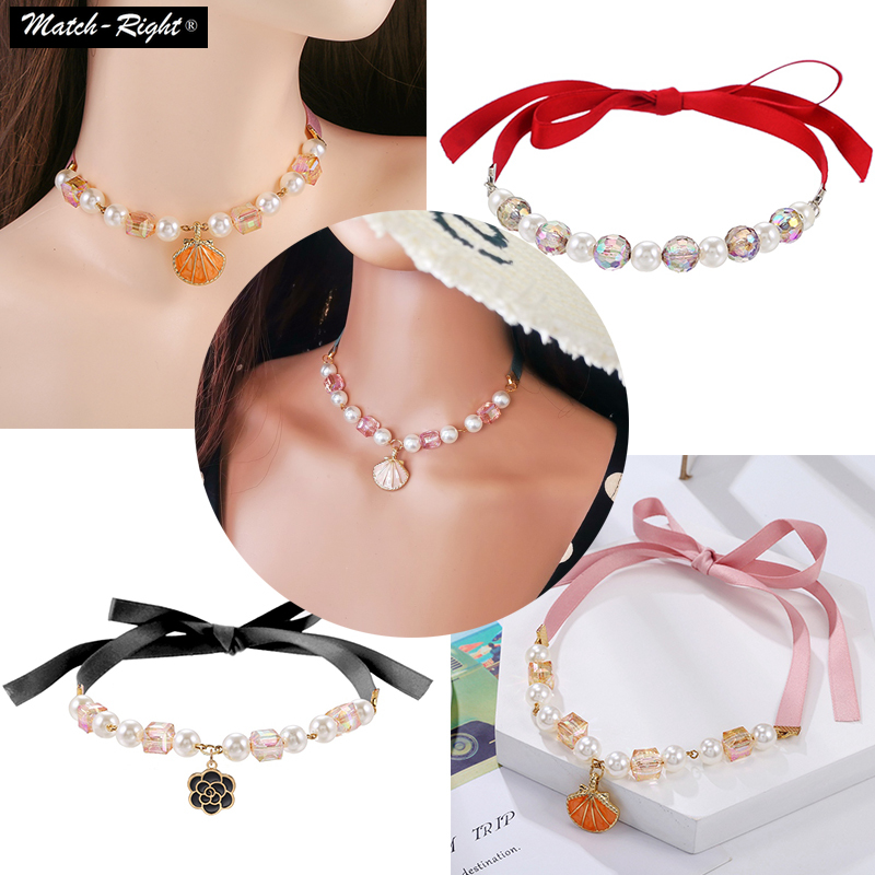 Crystal Beads Choker Necklaces Handcrafted Pearl Necklace Pendant Cute Collar Short Beaded Necklace #5040