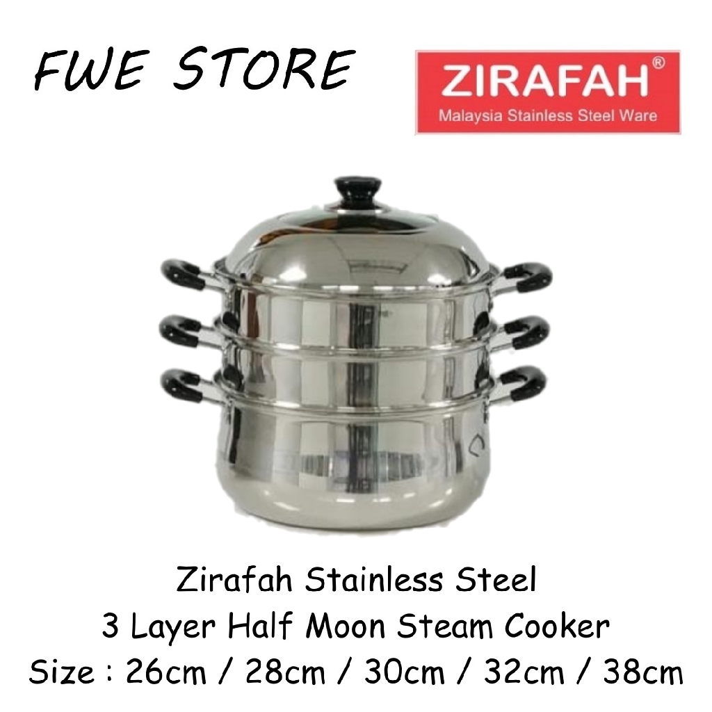 Zirafah Stainless Steel 3 Layer Half Moon Steam Cooker / Steamer / Cookware (26cm - 38cm) Zirafah不锈钢3层半月蒸锅/蒸锅/炊具（26cm-38