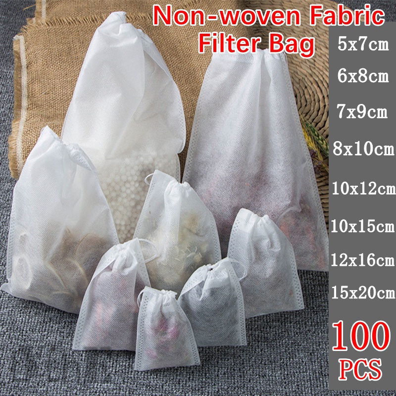 100 PCS Tea Filter Bags Food Grade Non-woven Fabric Disposable Teabags Empty Tea Bags Cotton Drawstring Seal Filter Tea Bags for Spice Loose Tea Infuser