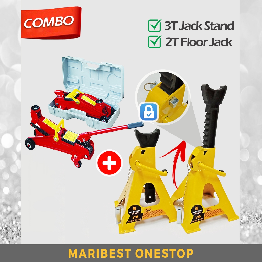 NEW COMBO DOUBLE PIN SAFETY LOCK 3 TON JACK STAND & 2 TON FLOOR JACK