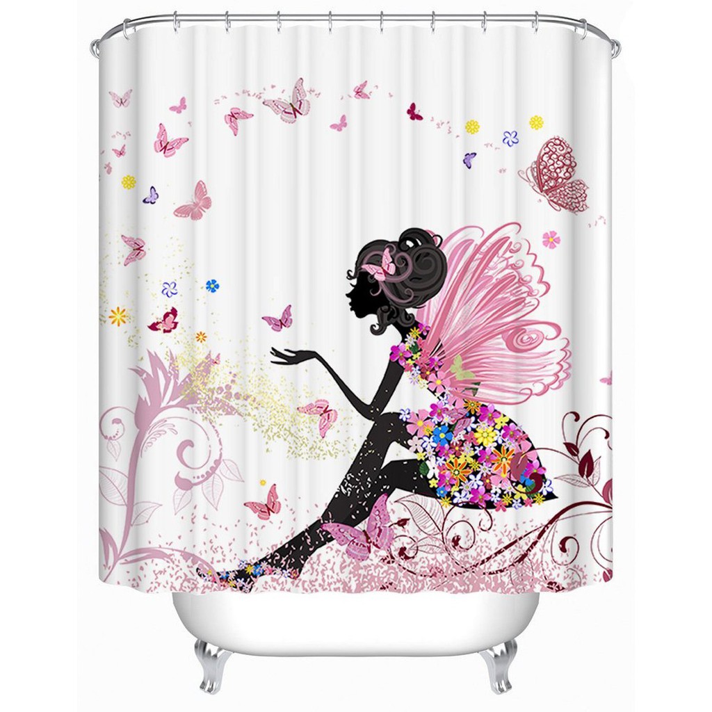 Butterfly Girl Pink Curtain Waterproof Fabric Bathroom Shower