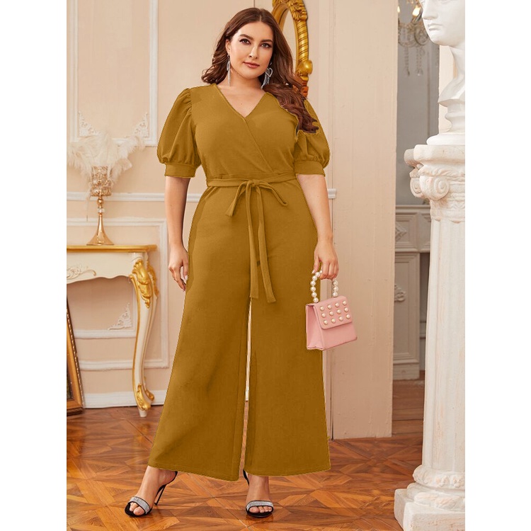 A2750 PLUS CHIC V-neck Puff Sleeve Self Belt Solid Plus Size Jumpsuit