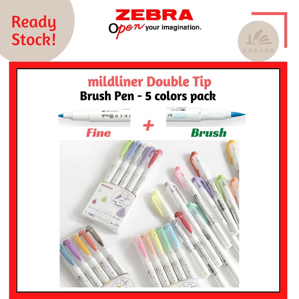 Zebra WFT8 Mildliner Double-Sided Highlighter Brush Pen - Brush / Extra Fine -5 Colors Pack