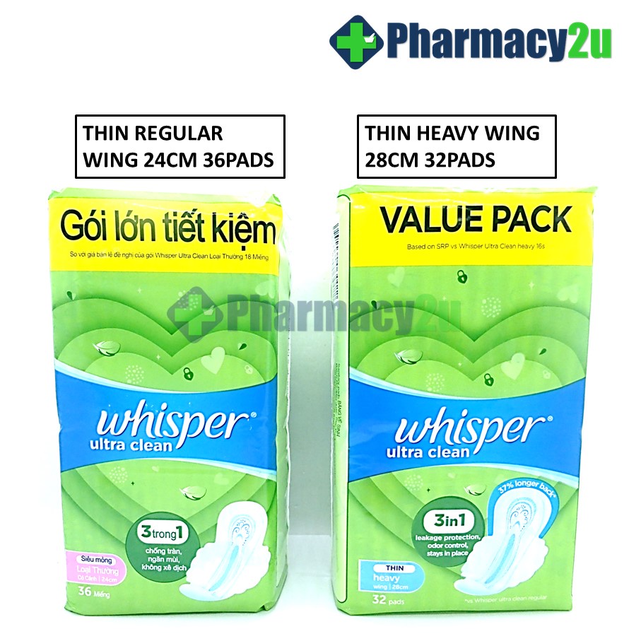WHISPER ULTRA CLEAN SANITARY PAD NORMAL FLOW WINGS 24CM 18 PADS/ 36
