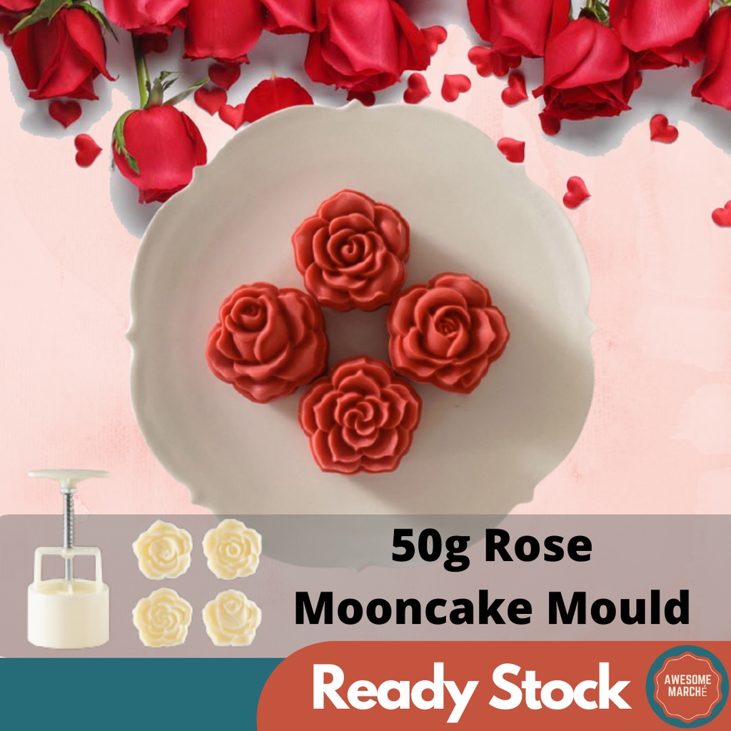 50g Plastic Mooncake Mold 3D Rose Roses Hand Press Pineapple Jam Tart Valentine's Acuan Buang Rose 玫瑰蔷薇情人节凤梨酥黄莉饼月饼模具