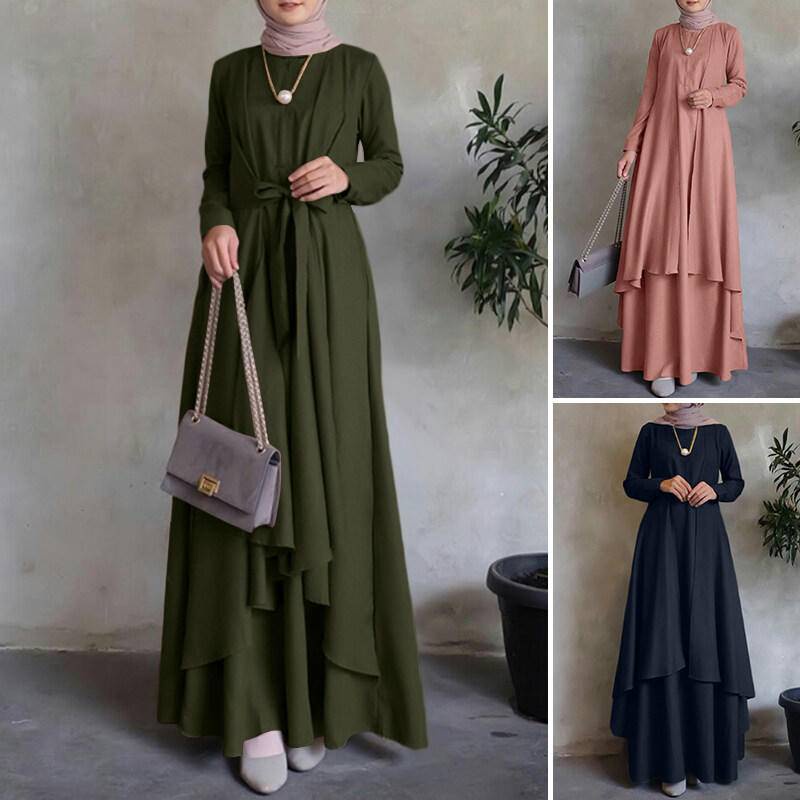 Women Muslim Cheap Robe Abaya Full Sleeve Double Layer Party Gown Prom Long Maxi Belted Dress women long sleeve