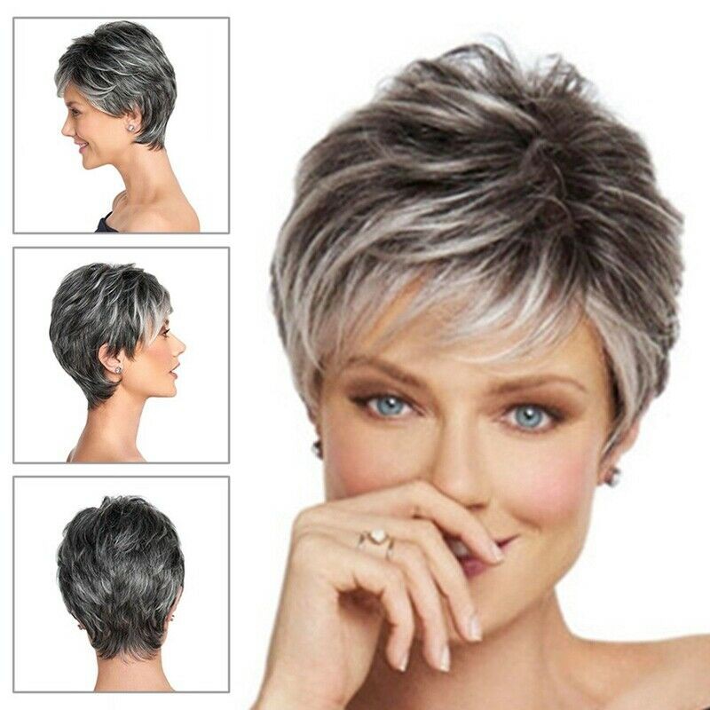 short pixie cut ombre silver grey wigs natural gray hair short straight  full wig