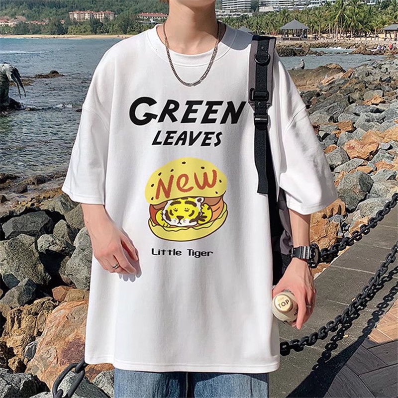 American Retro Cartoon Burger Bag Printed Short-Sleeved T-Shirt Men Women Trendy Fashion Round Neck Casual All-Match Five-Point