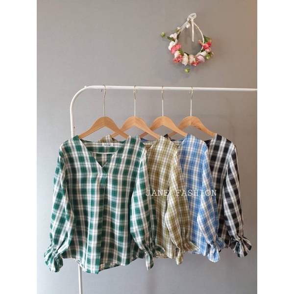 KOREA STYLE BLOUSE KOTAK-KOTAK FASHION🔥🔥