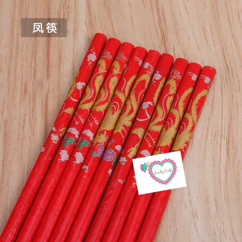 【现货】结婚喜筷龙凤筷 木筷 碗筷 婚庆 女方 陪嫁 嫁妆 [Ready Stock] Wedding Red Dragon Phoenix Chopsticks