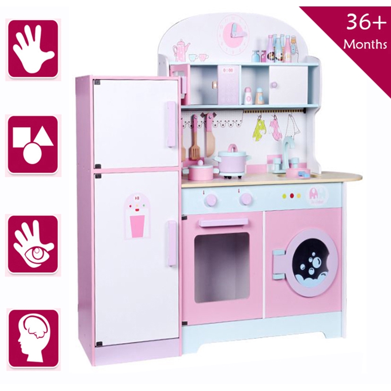 wooden play kitchen with fridge