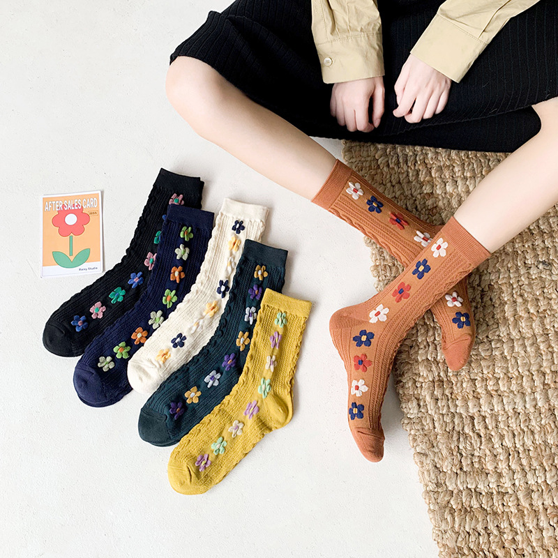 Ins Retro Small Flower Plain Color Crew Socks Women Cotton Ladies Tube