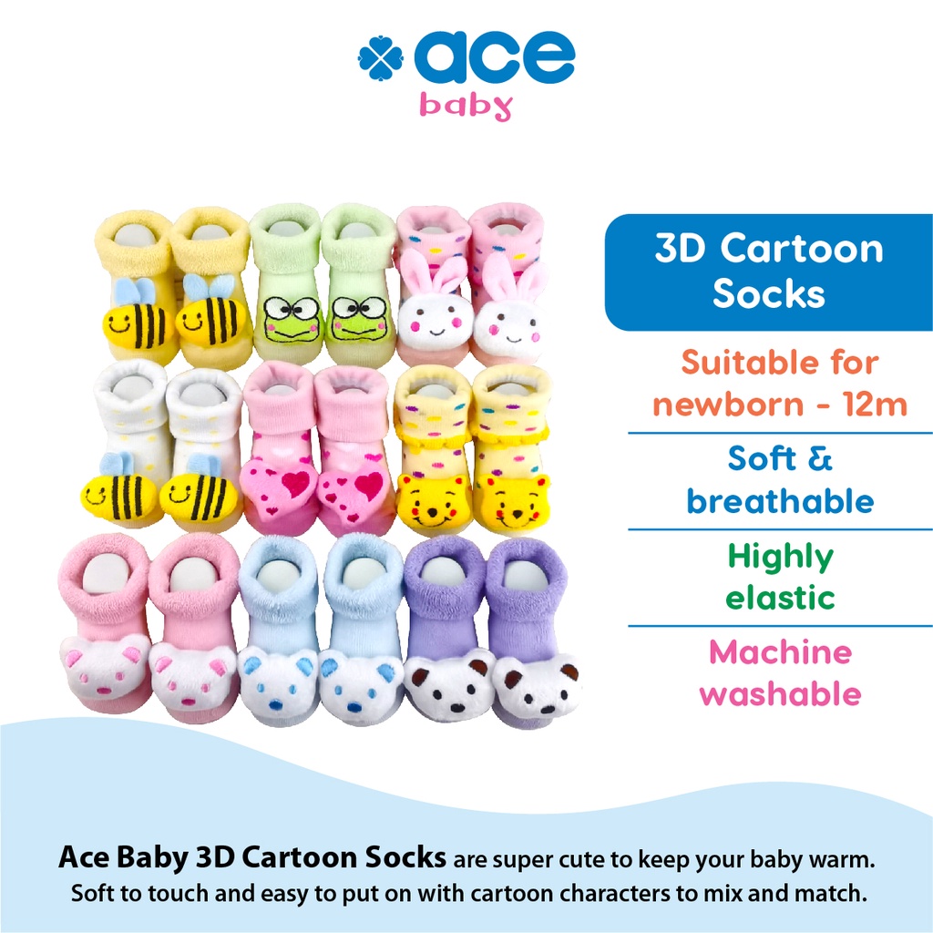 ACE BABY 3D Cartoon Socks Baby Thick Warm Stockings Fit 0-12 Months Infant Unisex Fashion Sarung Kaki Stoking Bayi 1719