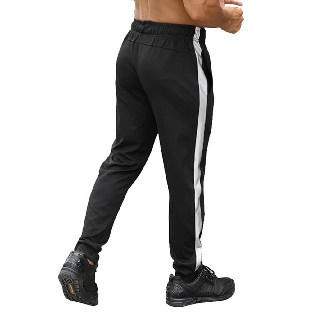 Mens Adjustable Waist Joggers Pants GYM Stripe Activewear Sports Casual Trousers