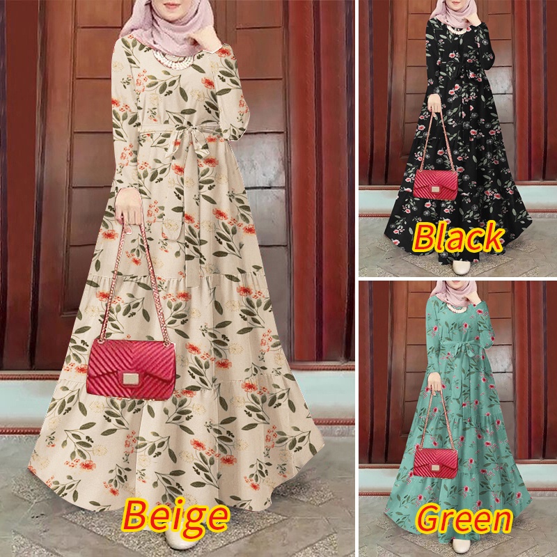 ZANZEA Women Muslim Daily Floral Print Belt Back Button O Neck Dress