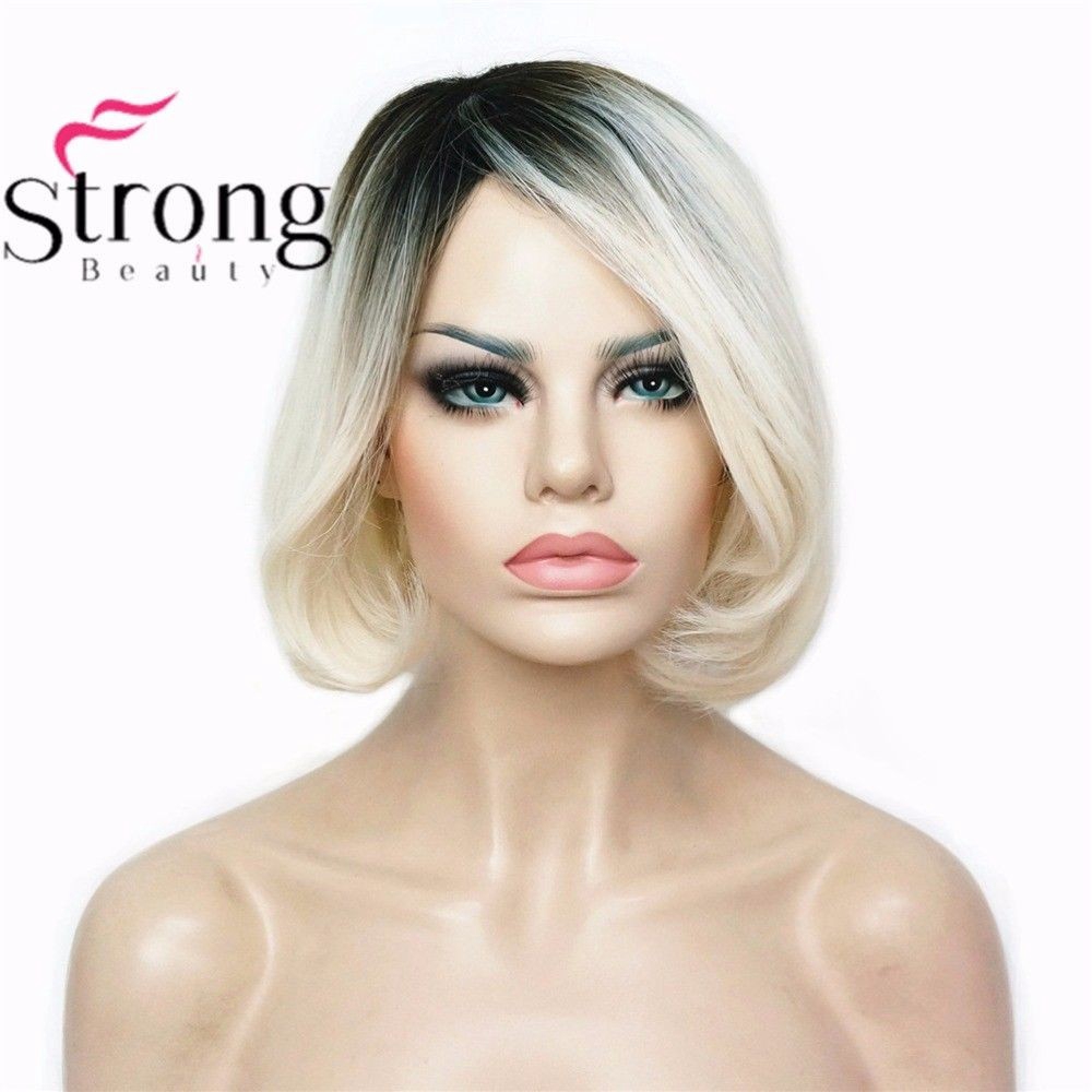 Ombre Bob Short Hair Platinum Blonde Dark Roots Synthetic Natural