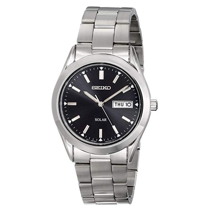 seiko silvertone black dial solar calendar watch