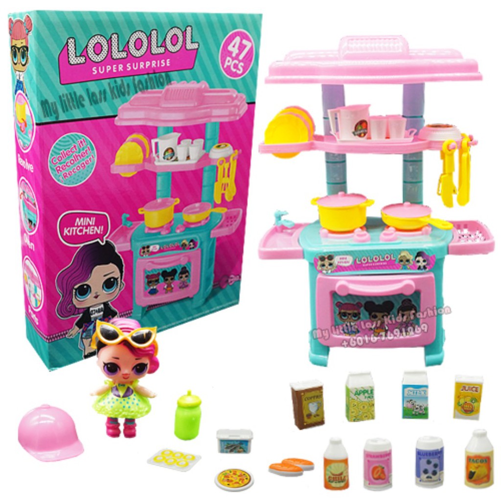 doll with kitchen set