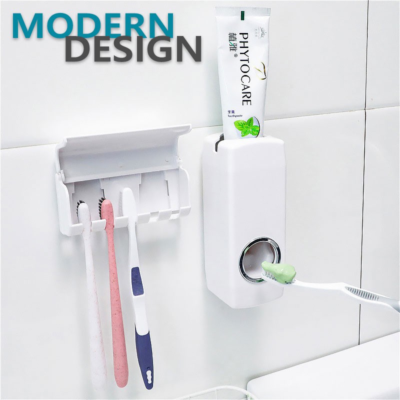 2 IN 1 Toothpaste Squeezer Dispenser Tooth Brush Holder Bathroom Rack With Suction Pad Wall Mounted