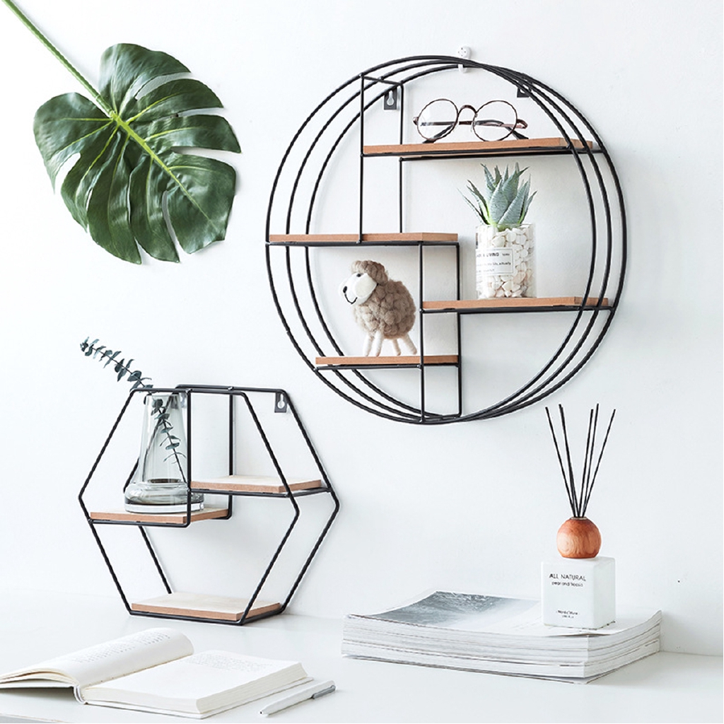 Geometric Art Wall Display Shelf Metal Iron Shelves Wood Bookshelf