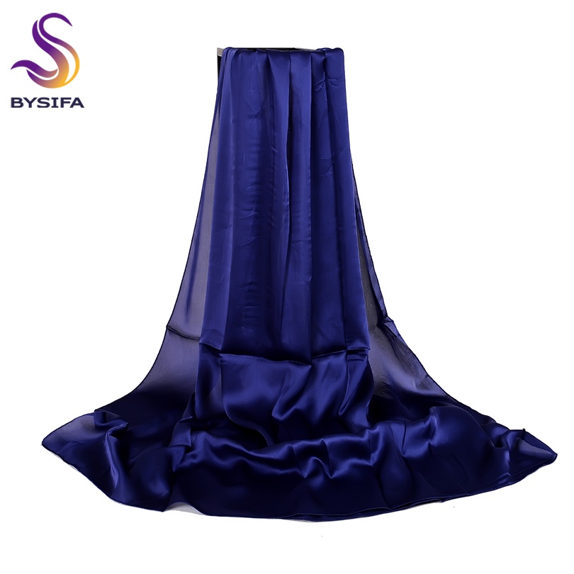 Ladies Plain Silk Scarf Shawl Navy Blue New Spring Autumn Elegant Solid Satin Long Scarves Women Summer Beach Cover-ups