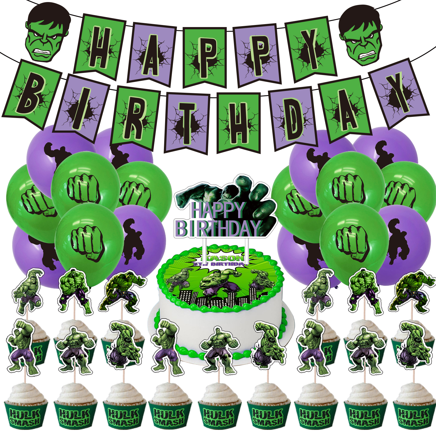 Purple/Green Hulk Happy Birthday Bunting Banner Garland House Party Decoration