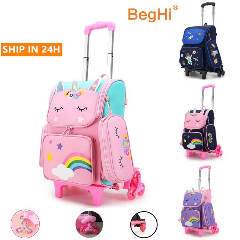 Beg Sekolah Roda School Bag Trolley Beroda Kanak 6 Wheel Unicorn Troli Staircase Girl Boy Unisex