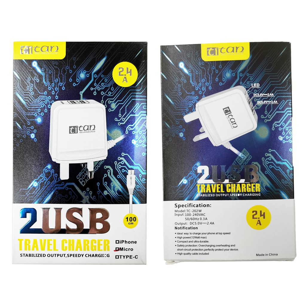 *Ready Stock* Titan 2 USB 2.4A Travel Charger for micro