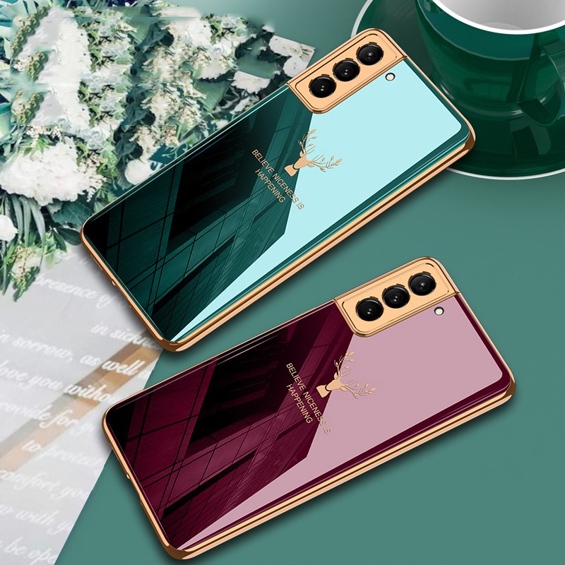 Buy Samsung Case Samsung Galaxy S21 Ultra S21 Plus S21 Luxury Creative Lens Protection Pure Color Deer Pattern Hard Glass Electroplating Phone Case Cover Seetracker Malaysia
