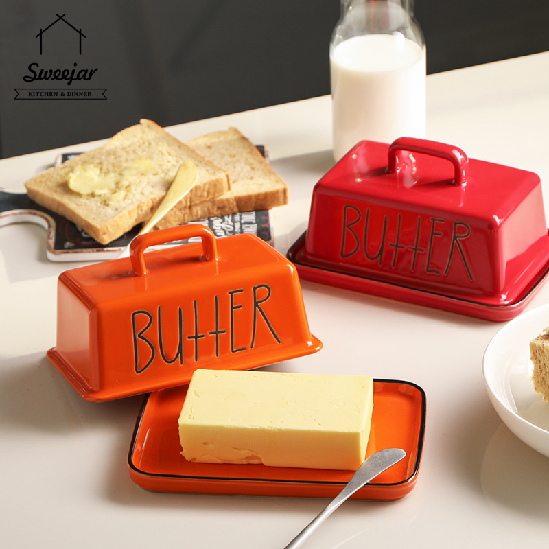 SWEEJAR Large Capacity Ceramic Butter Dish with Handle Lid Butter