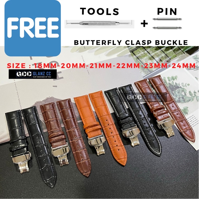 Bamboo Leather Watch Strap With Butterfly Buckle 18mm 20mm 21mm 22mm 23mm 24mm 蝴蝶扣表带 HK2