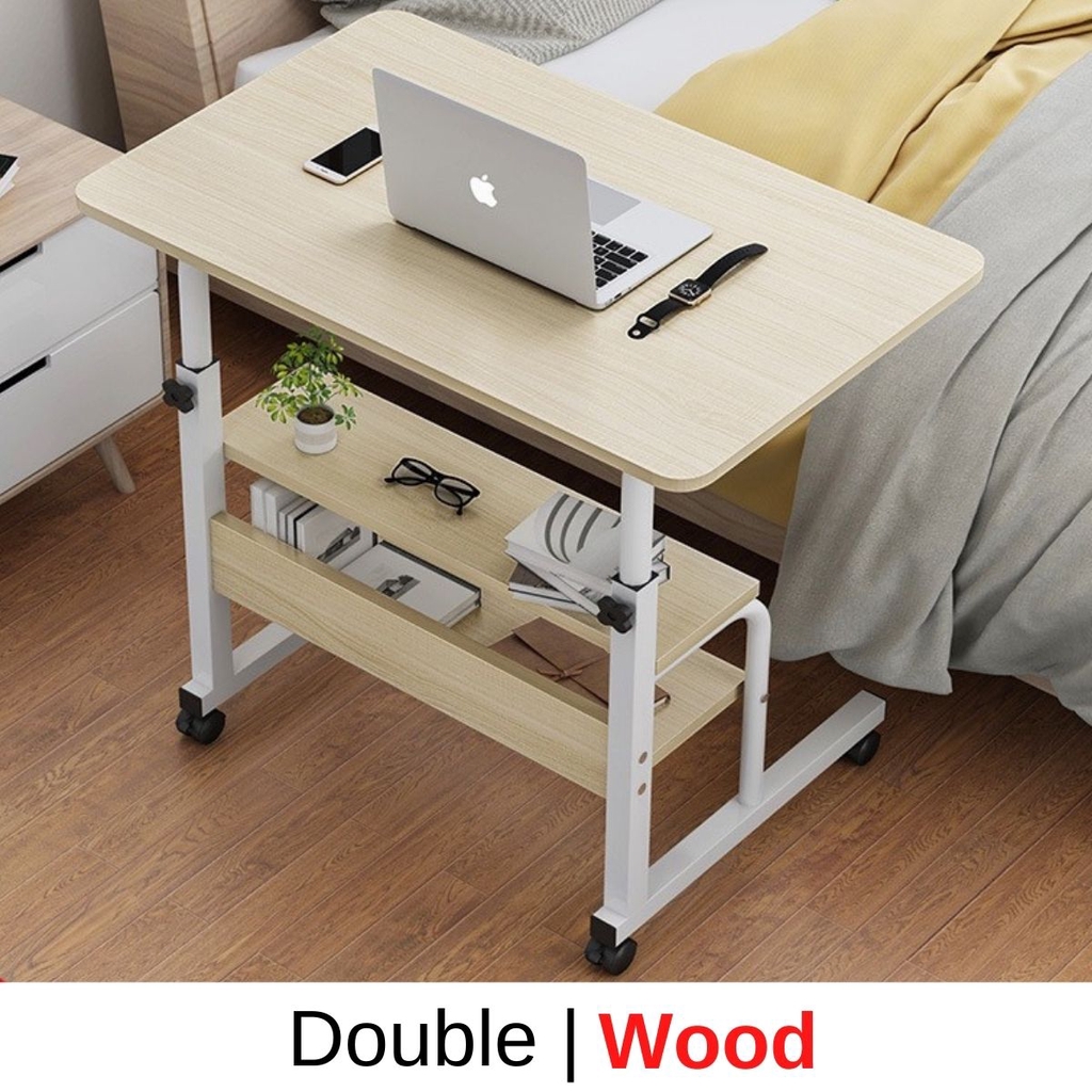 60 x 40cm Multifunctional Double Lifting Laptop Table BedSide Table Computer Desk Height Adjustable With Locakble Wheel